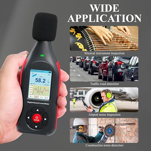 Decibel Meter Data Logger Digital Sound Decibel Meter, Sound Level Meter with 43,000 Data Record & Export, Rechargeable Noise Meter with A/C Frequency&DC Output, 3-Color Alarm, Real Time Measurement