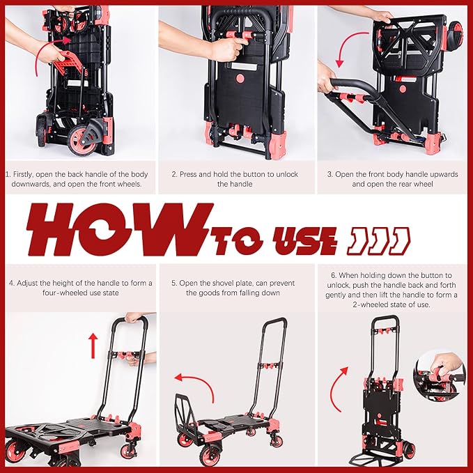 Folding Hand Truck, 2 in 1 Portable Heavy Duty Carrying Moving Dolly Cart with 4 Foldable Wheels and Retractable Handle Duty 330lbs (Red)