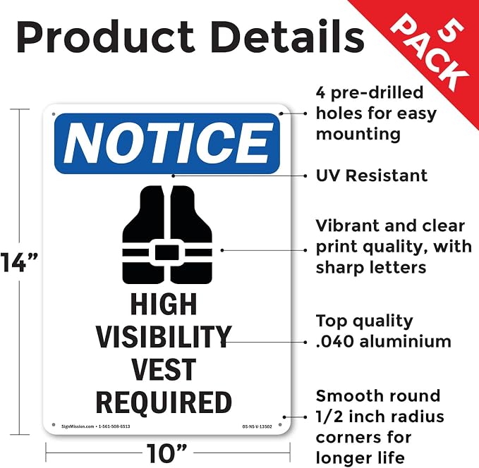 High Visibility Vest OSHA Notice Aluminum Sign 14 Inch x 10 Inch - 5 Pack