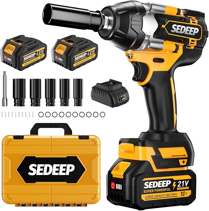 Impact Wrench 1/2 Inch, High Torque Impact Gun with 1500N·m(1100 Ft-lbs), 21V Brushless Electric Impact Wrench with 2 * 40Ah Battery, 5 Sockets for Car/Mower/Pickup/Truck RV（Amber yellow）