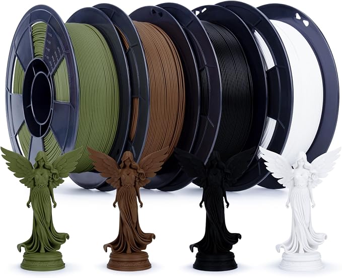 ZIRO 3D Printer Filament Bundle, Matte 1.75mm PLA Filament, Basic Colors PLA Series 4 Pack, 3D Printing Material, 1.75mm 2.2lbs x 4 Spool, Black, White, Military Green, Chocolate
