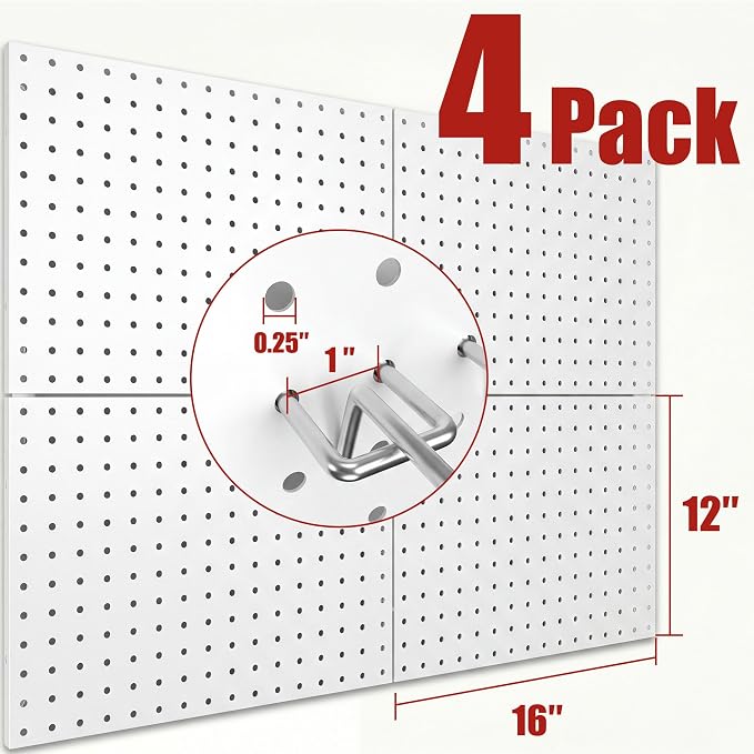 Peg Board 4 Pack Metal Pegboard Panels with 50 Hooks, White Pegboard Organizer
