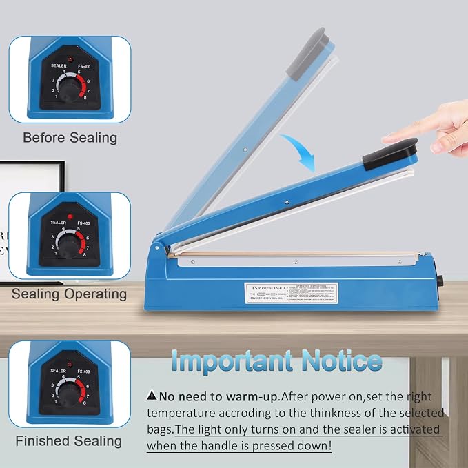 16 Inch Impulse Heat Sealer Machine for Plastic Bags PE PP Bags and Kraft Paper Bag, Cookie Bag Sealer, Manual Poly Bag Hot Seal Sealing Machine with Extra Replace Element Grip