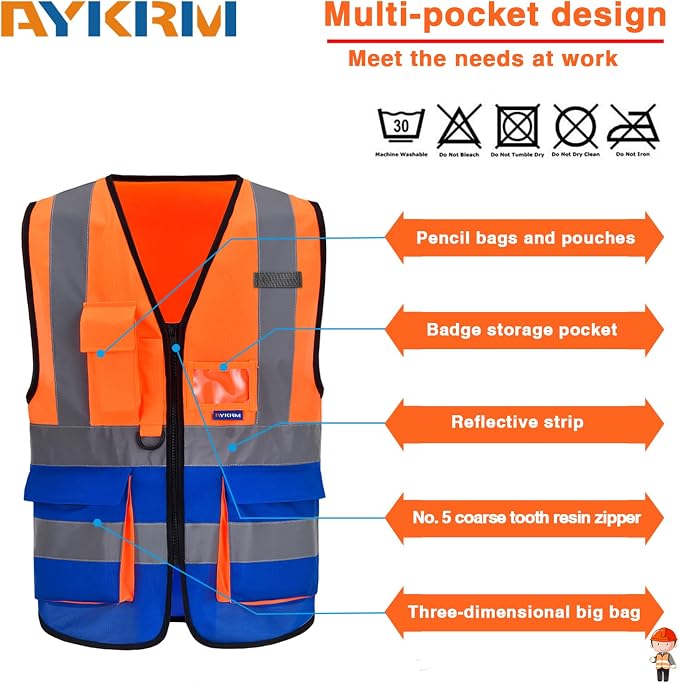 A-SAFETY Hi-Vis Safety Vest, Clear ID Pocket, Zipper, Orange/Blue, 6XL-8XL | Orange/Blue 6XL-8XL work vest with 7 pockets, reinforced zipper pockets and black front zipper for marine ground support.