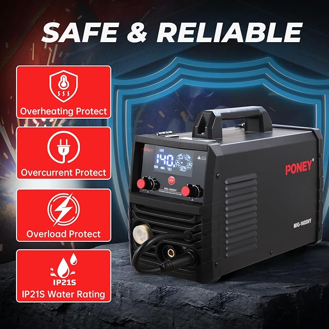 PONEY 140A MIG Welder 110V/220V - 5 in 1 Portable Dual knobs | Gasless MIG/MAG/FLUX/TIG/MMA Welding Machine, Synergic Control, IGBT Inverter & LED Display, Dual Voltage,Dual knobs