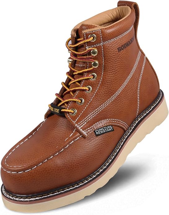 Work Boots for Men, 6" Leather Lightweight Comfort Moc Toe Steel Toe Puncture Resistant Wedge Safety Boots, Goodyear Welt, Industrial, Construction, Electrician, US 7-17