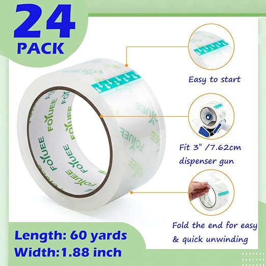 Strong Adhesive Packaging Tape(24 Rolls) for Shipping, Moving and Storage. Clear Packing Tape, Water Base, Crystal Clear, Low Odor, 1.88" Wide, 60 Yards Per Roll, Total 1440 Yards
