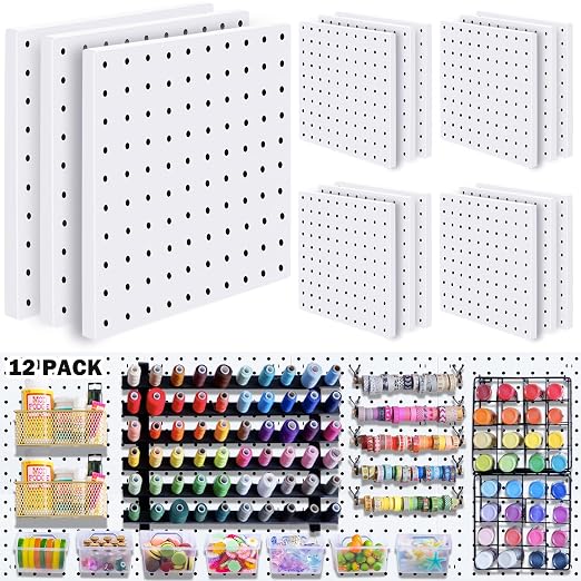 12Pcs Pegboard, Pegboard Wall Organizer, Peg Boards for Walls Craft Room, Pegboard Kits fit Garage Kitchen Workshop, Small Pegboard, Peg Board Organizer Accessories - White Pegboards Panels