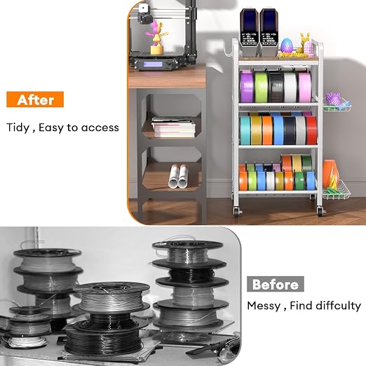 3D Printer Filament Storage Rack- 4 Tiers Filament Spool Holder, Heavy Duty 3D Printing Stand Filament Organizer with 360° Wheels, Metal Filament Stand Shelf for PLA/ABS/TPU/Nylon (White)