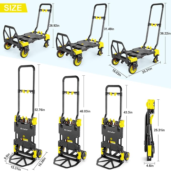 330LB Folding Hand Truck Moving Dolly, Hand Trucks Heavy Duty Combination of 4 Wheels and 2 Wheels Convertible Dolly Cart with Retractable Handle Dolly for Moving Office Carts(Yellow)