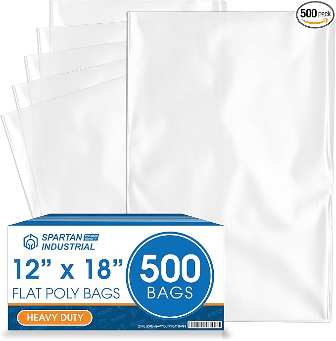 12" X 18" Open-End Flat Poly Bags (500 Count) - 2 Mil Plastic Clear Bags for Packaging, Shipping, Storage - No Adhesive Strip - Spartan Industrial