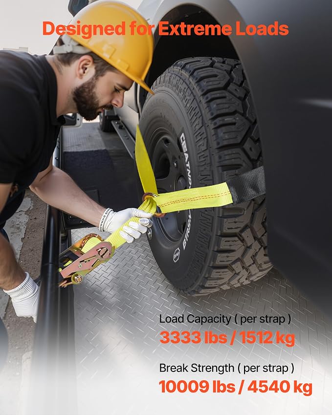 VEVOR Wheel Chock Tie-Down Kit, Tire-Style Tow Dolly Strap, Car Tie Down Kit with Heavy-Duty Hook, Break Strength 10009 lbs & Working Load 3333 lbs Motorcycle System for ATV, SUV, Snowmobiles