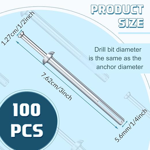 100 Pcs 1/4" x 3" Drive Nail in Anchor Drive Expansion Cement Hammering Anchors Pin Rustproof Zinc Plated Concrete Nails Heavy Duty for Brick Drywall Metal Wood, Hammer Fasteners Kit