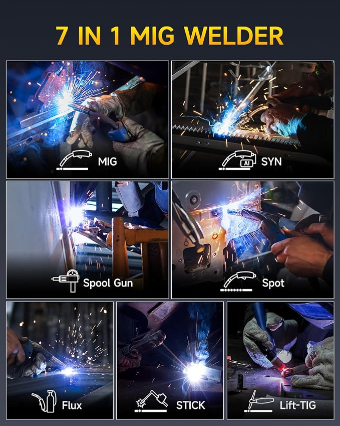 200Amp MIG Welder, 2026 Newest [Large LED Display] 110/220V Welding Machine, 7 in 1 STICK/Lift-TIG/MIG/SYN/SpoolGun/Flux/Spot, Ideal for DIY and Metal Workshop
