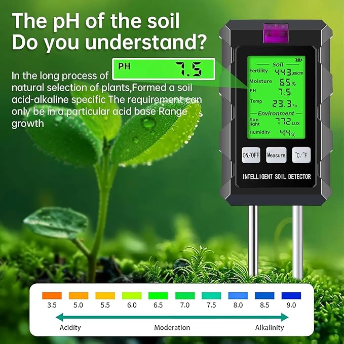 LDOPTO 6-in-1 Soil Moisture Meter, Soil Test kit with Moisture/pH/Temperature/Sunlight/Air Humidity/Fertility, Soil Tester for Farming, Gardening and Outdoor Plants (2*AAA Battery Needed)