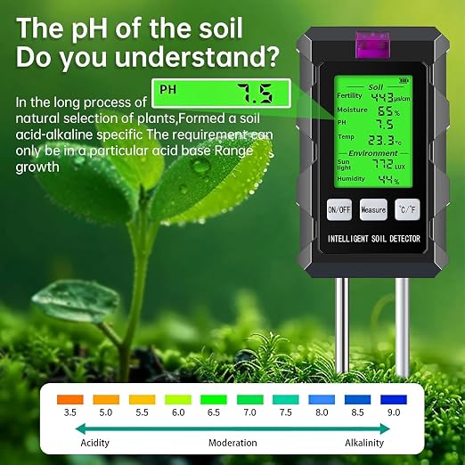 6-in-1 Soil Moisture Meter, Soil Tester for Moisture, pH, Temperature, Sunlight, Air Humidity and Fertility, for Farming, Gardening and Outdoor Plants (2*AAA Battery Needed)