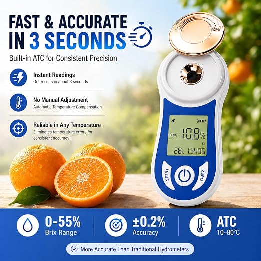 Digital Brix Refractometer 0-55% with ATC, ±0.15% Accuracy, 3-Second Results, Rechargeable Sugar Content Tester for Fruits, Juice, Home Brewing, Wine, Coffee