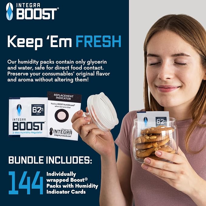 Integra Boost 62% RH, 2 Way Humidity Control Packs – 8g Size for Storing 1 oz – Pack of 144 Moisture Absorbers for Small Jars & Containers – Humidifier Packets for Herbs, Spices in Retail Display Box