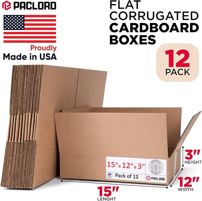 Flat Cardboard Boxes 15"L x 12"W x 3"H (Pack of 12) - USA-Made Packing Boxes for Moving, Shipping, or Storage - USPS, UPS, FedEx Approved - Professional Packing Supplies for Moving | USA-Made Packing Boxes for Moving, Shipping, or Storage - USPS, UPS, ...