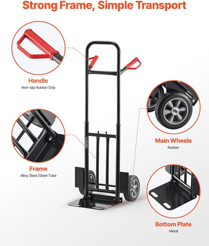 VEVOR Steel Pneumatic Hand Truck Dolly, Convertible Heavy-Duty Moving Dolly Cart with Handle, 600 LBS Portable Trolley Dolly with Tie-Down Strap for Moving Home, Office, Warehouse, Supermarket