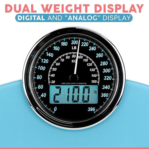 Hybrid Bathroom Scale - Analog & Digital Display, Accurate to 400 lbs | See weight on both an analog dial and digital LCD at once. Wide glass platform, accurate to 0.2 lbs, batteries included.