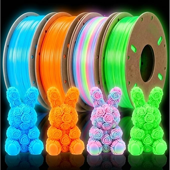 3D Printer Filament Bundle, Glow in The Dark Filament Multicolor, Green, BlueOrange ，Yellow ，Glow Rainbow, PLA Filament 1.75 mm, Dimensional Accuracy +/- 0.03 mm, 250g X 4 Pack