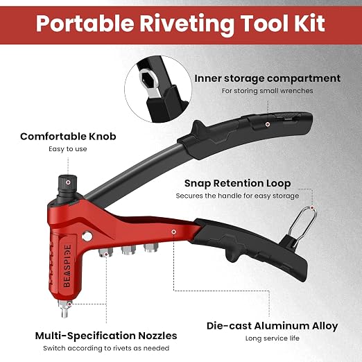 Beaspire Rivet Nut Tool Kit, 9.5" Rivnut Tool Kit with 8 Mandrels, Nutsert Tool Kit with 80 Pcs Rivet Nuts Assortment Kit and Rugged Carrying Case,M3,M4 M5,M6,6-32,8-32,10-24,1/4-20