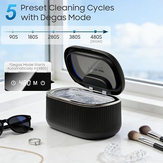 Ultrasonic Jewelry Cleaner with 45kHz for Rings, Glasses & Retainers | Safely Cleans Silver Necklace & Earring，3 Power Modes & 5 Timer Settings，Includes 2 Cleaning Solutions，35W Power & Degas Mode