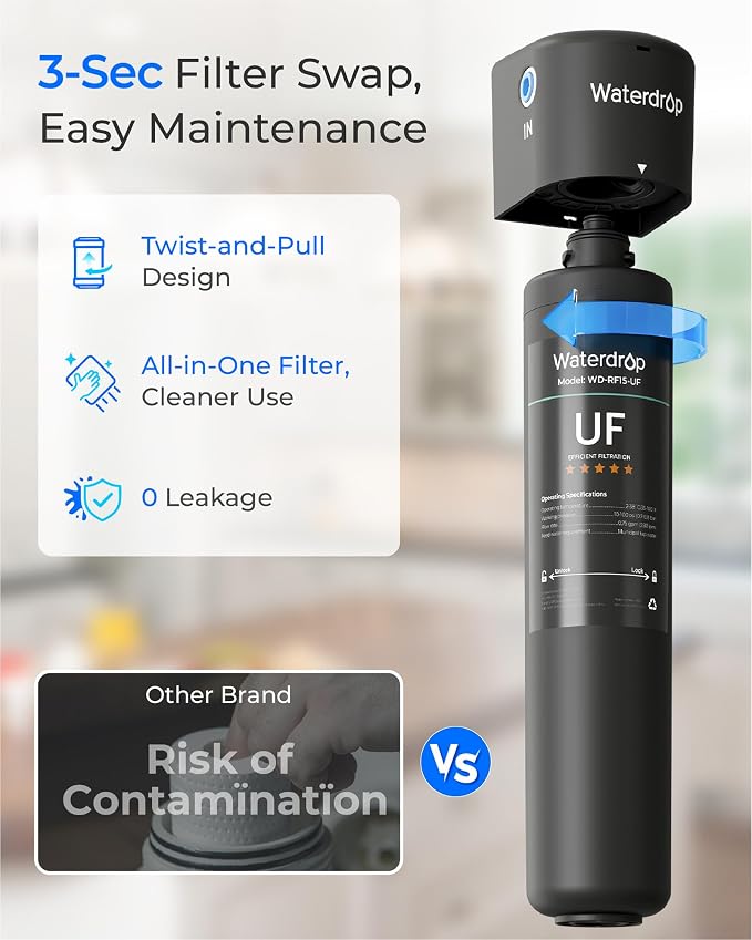 Waterdrop 15UA Under Sink Water Filter System and Waterdrop RF15-UF 0.01 Micron Replacement Filter Cartridge for 15UA/15UA-UF/15UB/15UB-UF/15UC/15UC-UF Under Sink Water Filter
