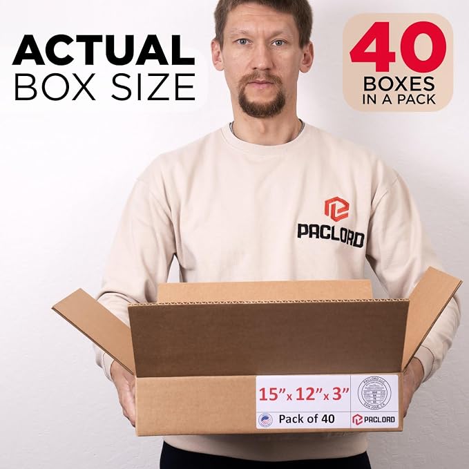 Flat Cardboard Boxes 15"L x 12"W x 3"H (Pack of 40) - USA-Made Packing Boxes for Moving, Shipping, or Storage - USPS, UPS, FedEx Approved - Professional Packing Supplies for Moving | USA-Made Packing Boxes for Moving, Shipping, or Storage - USPS, UPS, ...