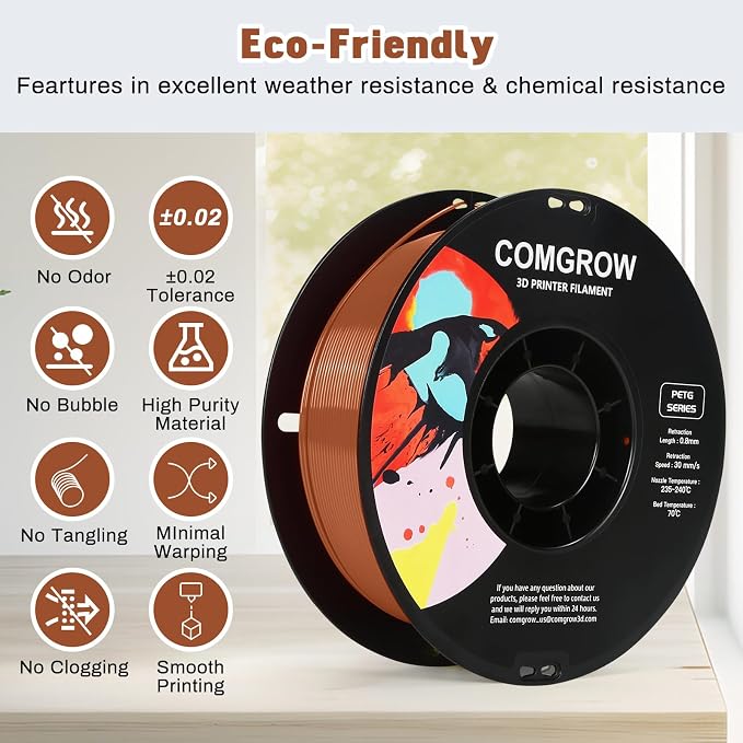 Comgrow PETG 3D Printer Filament 1.75mm, High Precision and Tough 3D Printer Filament 1kg (2.2LBS), Dimensional Accuracy +/- 0.02 mm, Fit Most 3D Printers Brown