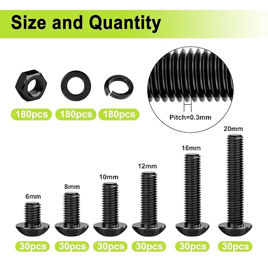 mxuteuk 720PCS M3 Screws Assortment Kit,6/8/10/12/16/20mm M3 Metric Screw,10.9 Grade Alloy Steel Metric Hex Button Head Cap Screws Nuts and Flat Washers for 3D Printing