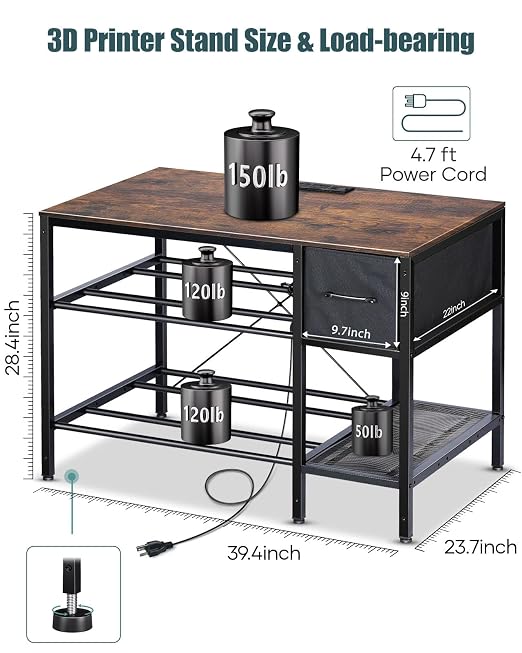 AHOWPD 3D Printer Table with Filaments Storage - 3D Printer Stand Filament Storage Rack Heavy Duty 3D Printer Desk with Drawer for Workshop Studio Office (Brown)