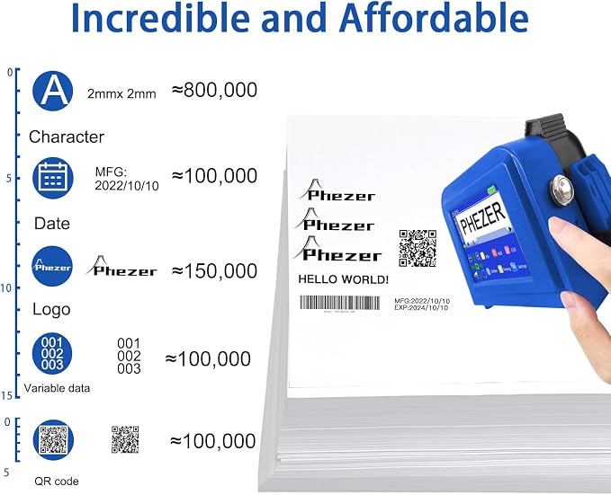 Phezer Upgraded Mini Inkjet Printer for Flat and Curved Surface PC11 Plus, 25 Languages & Quick-Drying Ink Cartridge, Portable Pocket Marking Device for Date Time Barcode Logo Qrcode Batch Number