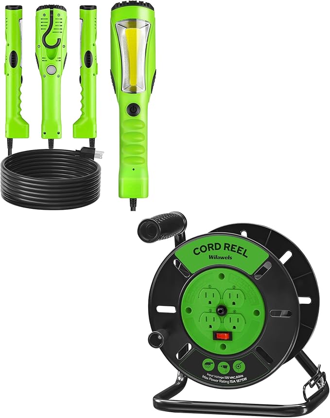 18W LED Work Light and Extension Cord Storage Reel with 4-Grounded Outlets Bundle, for Garage, Workshop, Car Repair Scene, ETL Listed J04WL06-J95CR06