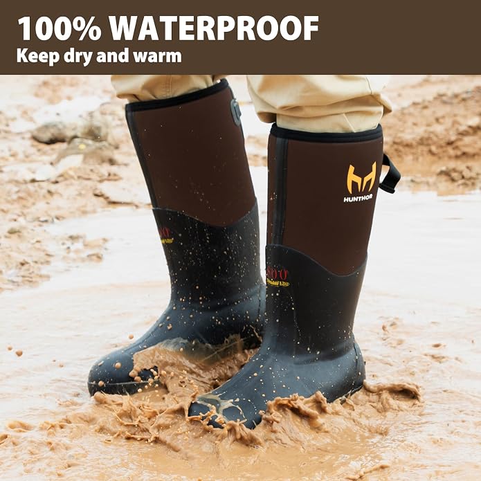 Rubber Work Boots with 800g Insulation, Puncture-Proof Steel Toe & Shank, Waterproof and Insulated 6mm Neoprene Hunting Boots for Farming, Construction, Fishing, and Manufacturing (Size 6-14)