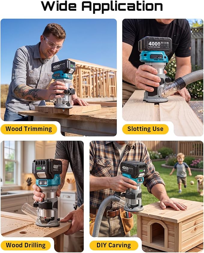 SEESII Cordless Wood Router, 21V Brushless Compact Palm Router with 2×4.0Ah Battery, Aluminum Base, LED Display, Dust Extraction, 6-Speed Adjustment & 8PCS 1/4"Router Bits, Trimmer for Woodworking