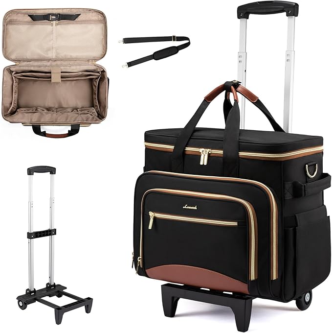 LOVEVOOK Rolling Teacher Bag with Detachable Dolly and Laptop Compartment, Large Rolling Tote Bag fits for 17.3" Laptop for Teacher Office Work Craft Nurse, Black-brown