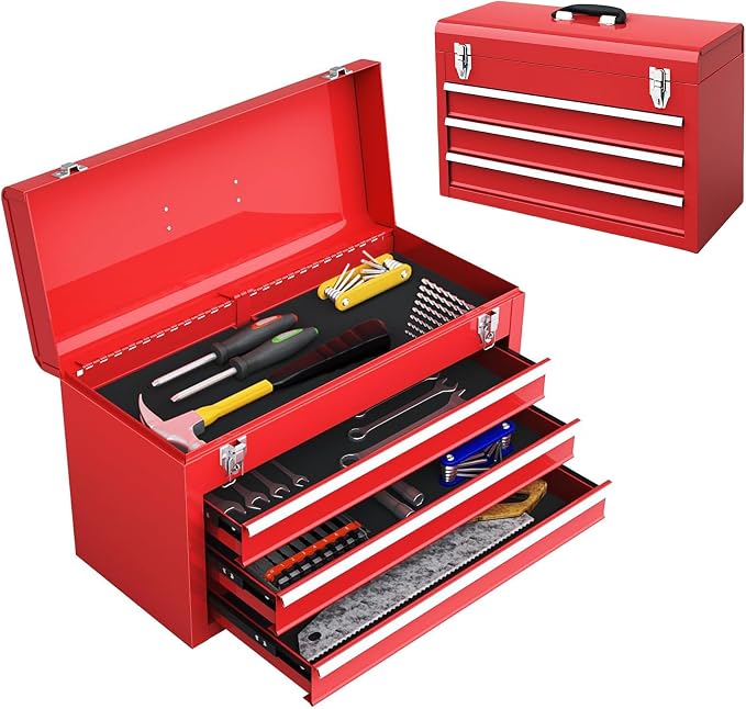 ERGOMASTER Portable Tool Box, 20.5'' Metal Tool Box with 3 Drawers, Lockable Heavy Duty Tool Chest Storage Toolbox for Garage, Workshop, Repair Shop, Red