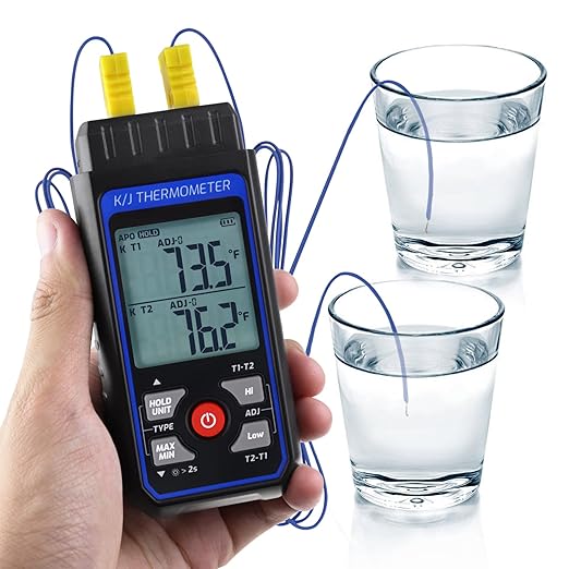Dual-Channel K/J Thermocouple Thermometer with 4 K-Type Thermocouples -328°F ~ 2501°F Measurement Range HVAC Temperature Meter Gauge with Data Hold, MAX/MIN/AVG, Hi/Lo Backlit Alarm, ADJ Compensation