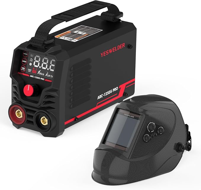 YESWELDER Stick Welder 125Amp Large LED Display Digital 110V ARC Welder & Large Viewing Screen 3.93"X3.66" True Color Solar Power Auto Darkening Welding Helmet, 4 Arc Sensors Welder Mask