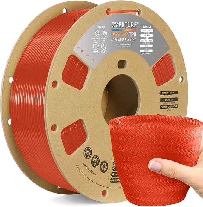 OVERTURE High Speed TPU 95A Flexible 3D Printer Filament 1.75mm | High Elasticity & Durability Filament,1kg Spool(2.2lbs),Fit Most FDM Printer(HS TPU Translucent Orange)