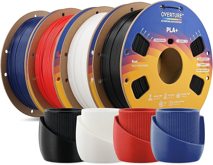 OVERTURE 4KG Bundle High Speed PLA+ 3D Printer Filament 1.75mm, Upgraded Rapid PLA 2.0 with Enhanced Toughness & Stability, 4 Pack 1kg Spool (2.2lbs) Fit Most FDM 3D Printers (Black+White+Red+Blue)