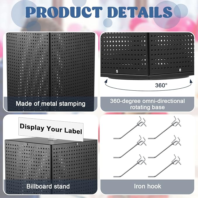 Geelin Metal Pegboard Display with 50 Hooks, 9.8 x 9.8 x 20.5 in Rotating Display Stand Racks for Craft Shows Pegboard Organizer with Peg Hooks for Jewelry Organizing Retail(Black)