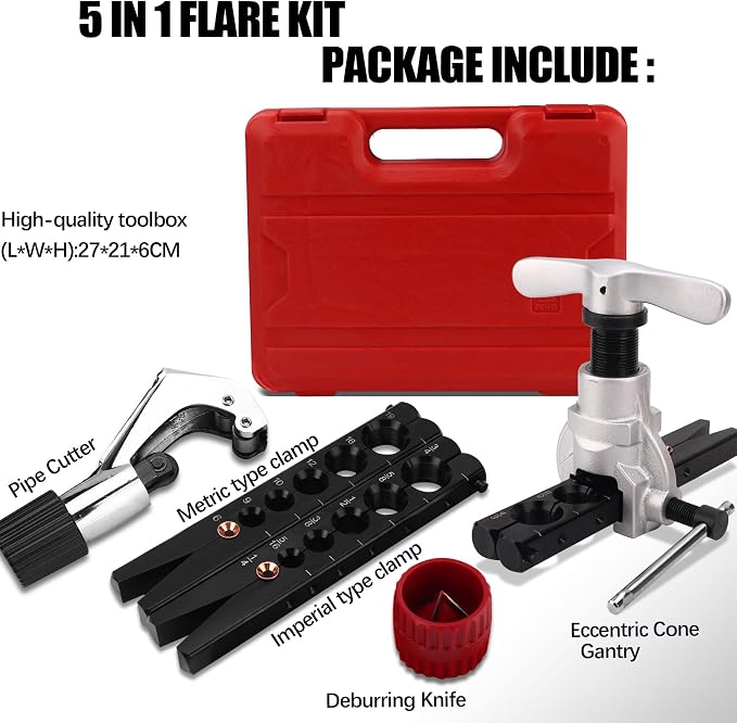 Flaring Tool Kit, Flare Tool HVAC, Copper Pipe Flaring Tool | 1/4''-3/4'' and 6-19mm 45° Eccentric Single Flare Tool with Tubing Cutter. For HVAC, Air Heaters, Refrigerators Maintenance