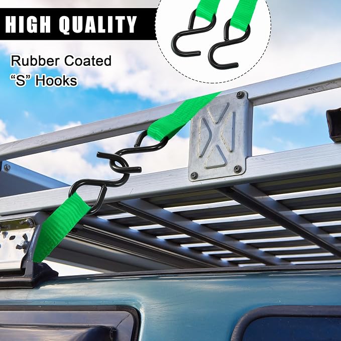 Riakrum 16 Pcs Cambuckle Tie Down Straps 1763lbs Break Strength Securing Straps 1'' x 15 ft Cambuckle Tie Downs with S Hook for Motorcycle, Kayak, Car, Truck, Boat Moving, Securing Cargo (Green)