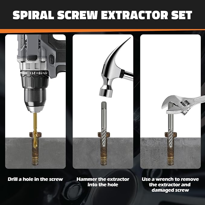 11PCS Bolt Extractor Set, Heavy Duty Screw & Stud Remover Kit for Stripped, Rusted & Damaged Bolts, Nuts and Pipes