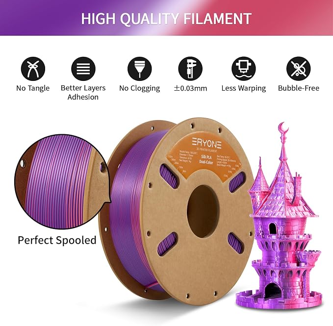 ERYONE Silk Dual Color PLA Filament 3D Printer 1.75mm +/- 0.03mm, Bicolor Filament Two Tone PLA 1KG(2.2lbs) Cardboard Spool, Orange Red&Purple