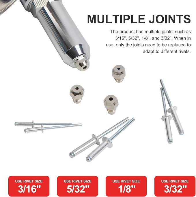 Pneumatic Rivet Gun Heavy Duty Pop Rivet Gun Tool Kit with 3/16" 5/32" 1/8" and 3/32" Nosepieces, Air Hydraulic Rivet Gun for Automobile, Elevator, Furniture, Instrument (4 nozzles)