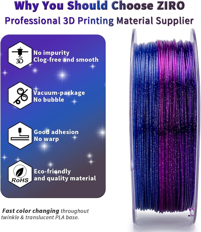 ZIRO 4 Packs 3D Printer Filament, Fast Color Change with Twinkle Effect PLA 1.75MM, Gradient Translucent PLA Bundle, Sparkling Multicolor 3D Material, 1KG x 4 Spool